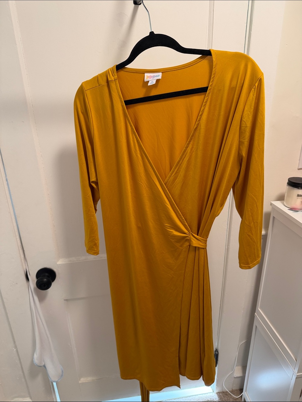 LuLaRoe Mustard Wrap Midi Dress with Knot Detail